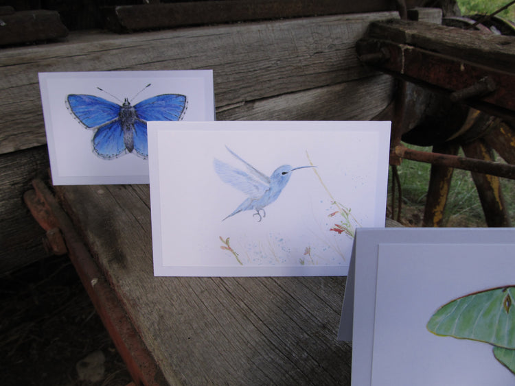 Wings Series: Trio of Unique & Artistic Watercolor Cards - Hummingbird, Blue Butterfly, Luna Moth