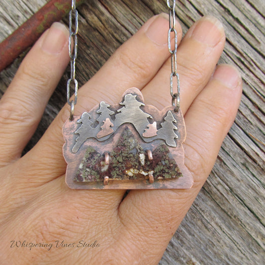 Mountains and Trees Hand-cut Necklace with Copper Mountains, Sterling Silver Trees, and Agate Gemstone