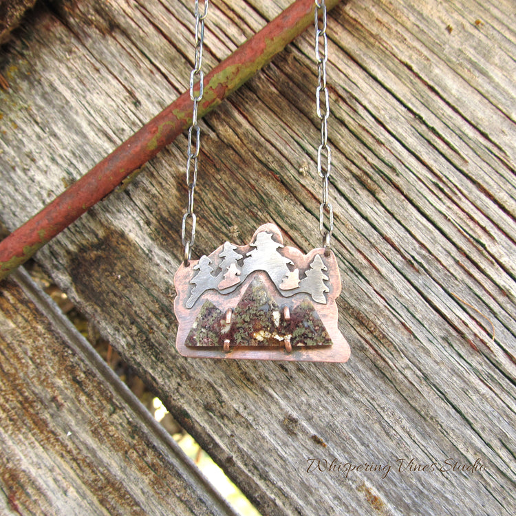 Mountains and Trees Hand-cut Necklace with Copper Mountains, Sterling Silver Trees, and Agate Gemstone