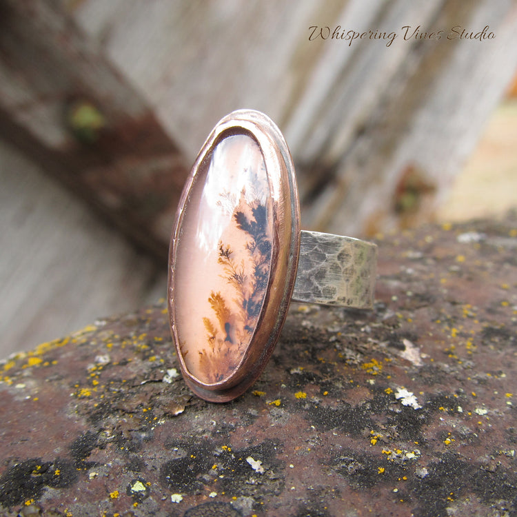 SOLD OUT-Wildflower Agate Ring Size 9.5 with Sterling Silver Wide Band and Copper Bezel Setting - Handcrafted Artisan Jewelry from Montana
