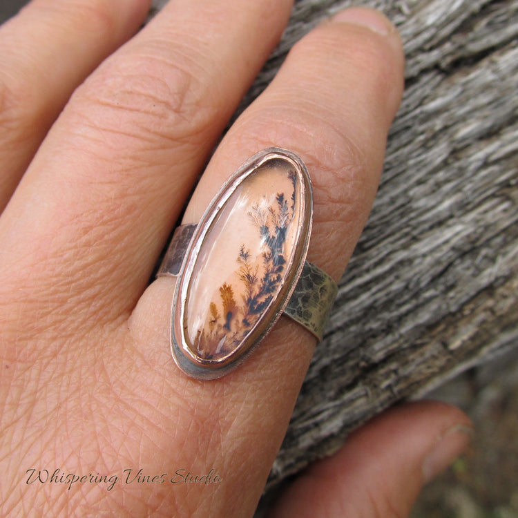 SOLD OUT-Wildflower Agate Ring Size 9.5 with Sterling Silver Wide Band and Copper Bezel Setting - Handcrafted Artisan Jewelry from Montana
