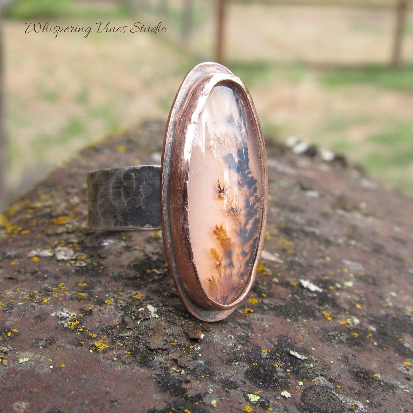 Wildflower Agate Ring Size 9.5 with Sterling Silver Wide Band and Copper Bezel Setting - Handcrafted Artisan Jewelry from Montana
