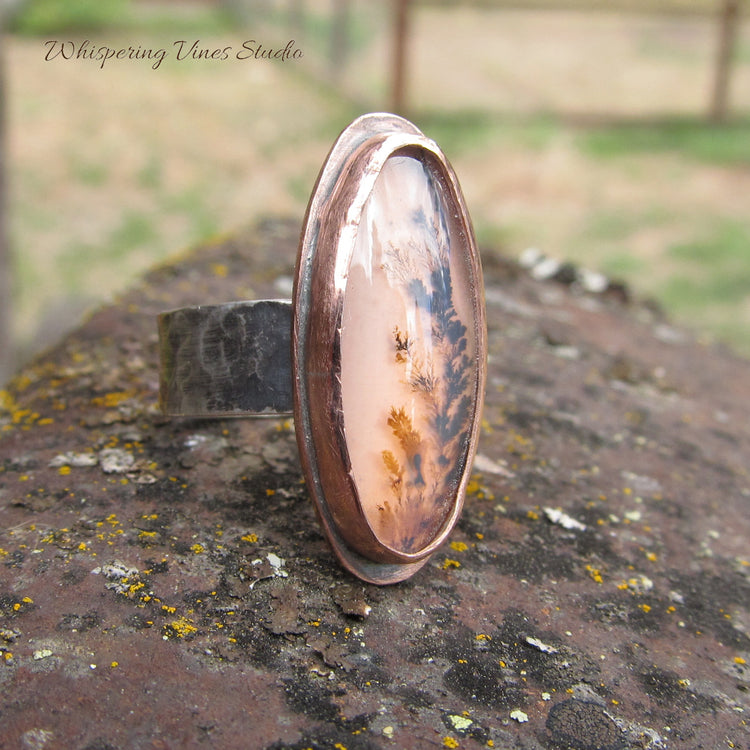SOLD OUT-Wildflower Agate Ring Size 9.5 with Sterling Silver Wide Band and Copper Bezel Setting - Handcrafted Artisan Jewelry from Montana