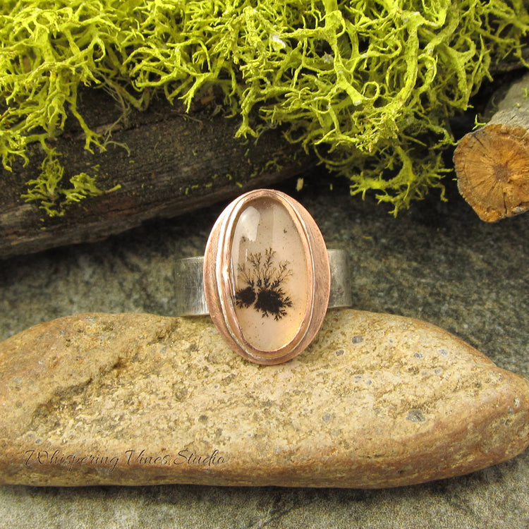 Dainty Wildflower Agate Gemstone Ring, Sterling Silver Hammered Band, Wide Band, Size 7.5, Handmade in Montana