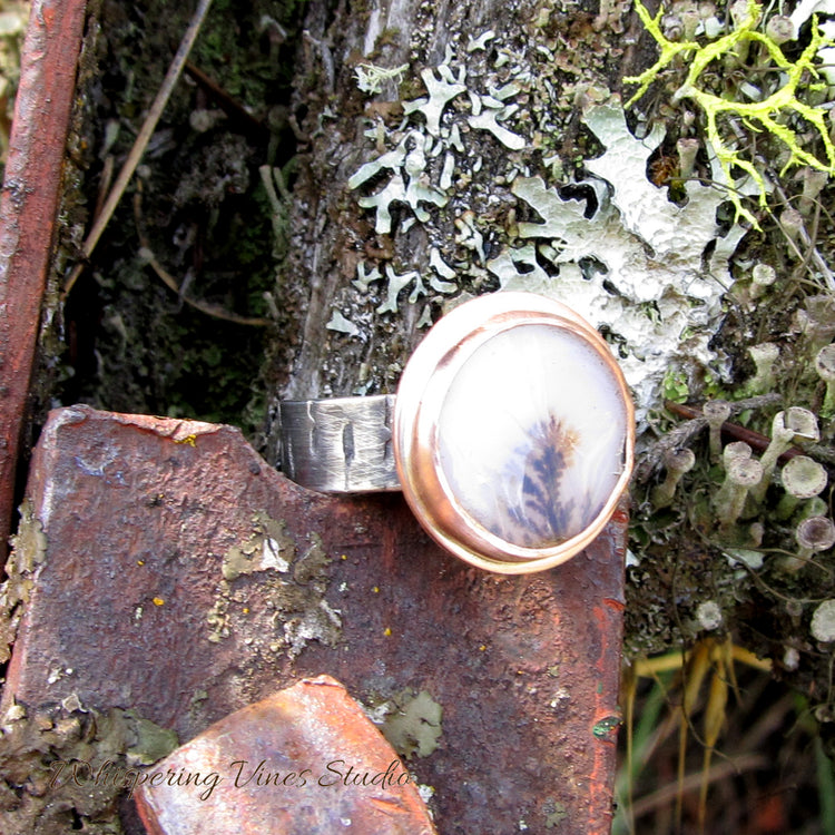 Natural Agate Gemstone Ring with Sterling Silver Tree Bark Pattern Band & Copper Bezel Size 8.5