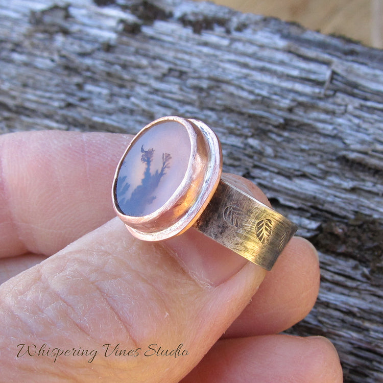 Balance and Calm Agate Healing Ring, Sized 6.5 with Sterling Silver Band and Copper Bezel Setting