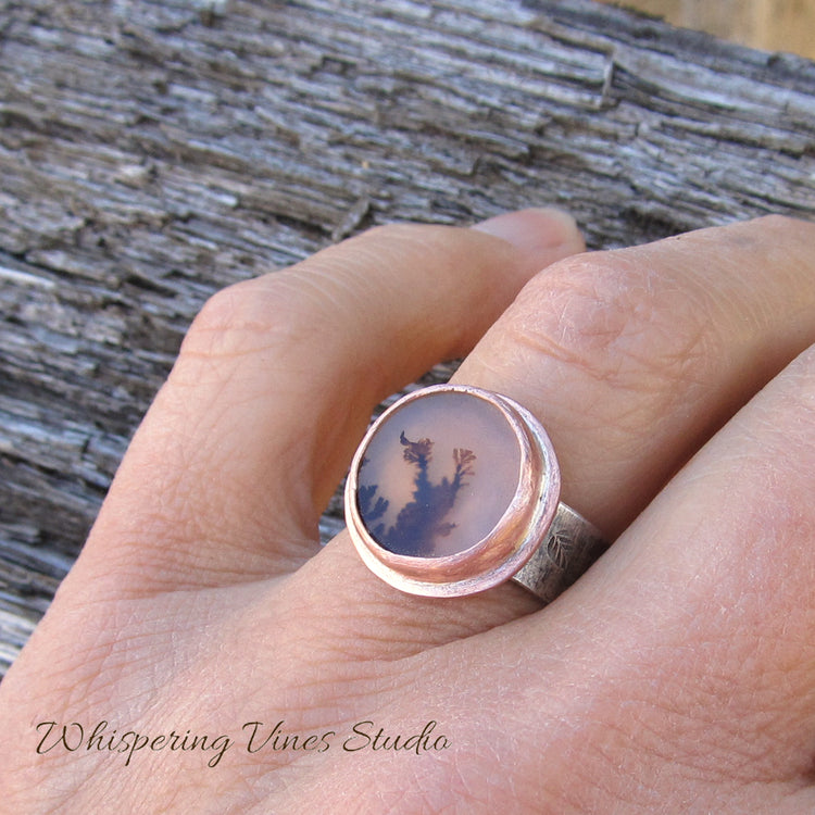 Balance and Calm Agate Healing Ring, Sized 6.5 with Sterling Silver Band and Copper Bezel Setting