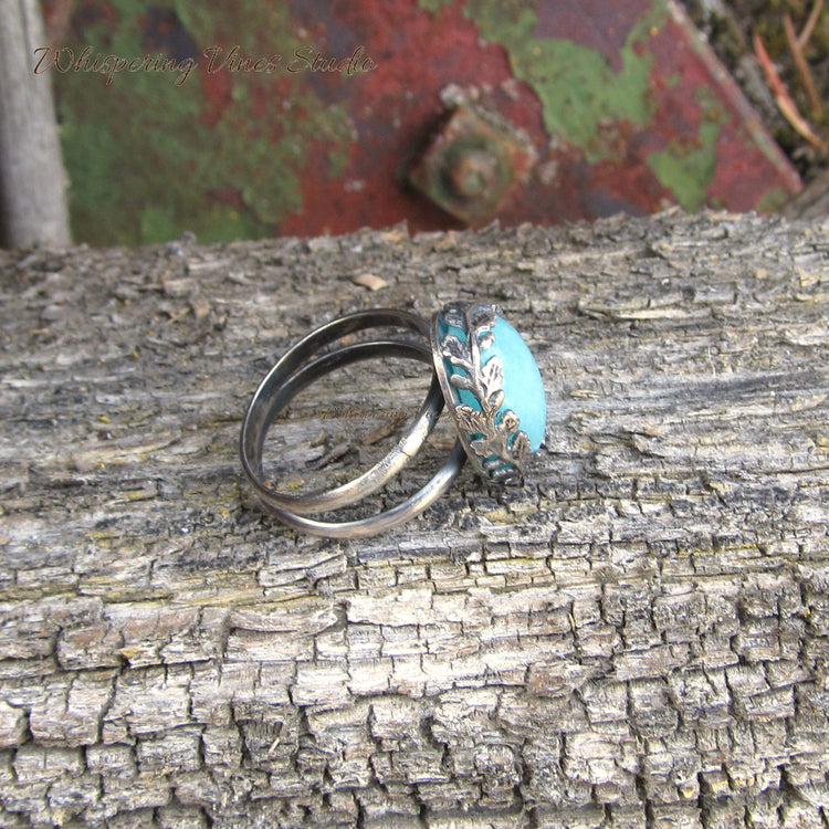 Handmade Sterling Silver Ring with Amazonite Gemstone in a Leaf Design Setting - Size 7.75