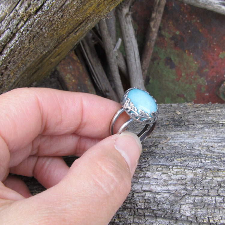Handmade Sterling Silver Ring with Amazonite Gemstone in a Leaf Design Setting - Size 7.75