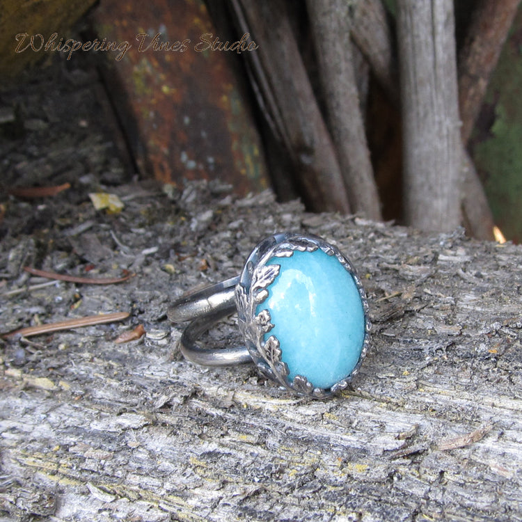 Handmade Sterling Silver Ring with Amazonite Gemstone in a Leaf Design Setting - Size 7.75