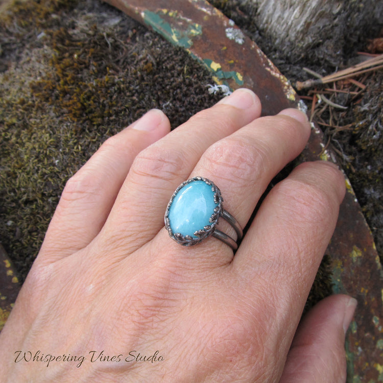 Handmade Sterling Silver Ring with Amazonite Gemstone in a Leaf Design Setting - Size 7.75