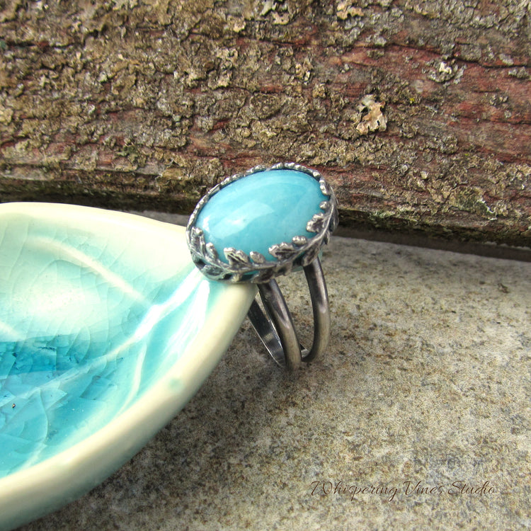 Handmade Sterling Silver Ring with Amazonite Gemstone in a Leaf Design Setting - Size 7.75