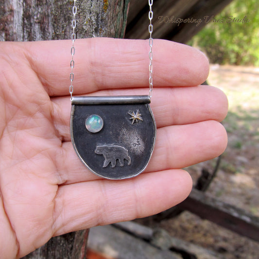 Handmade Sterling Silver Necklace with Bear Silhouette, Ethiopian Opal Moon and Gold Foiled Star Burst - 20 Inch Chain