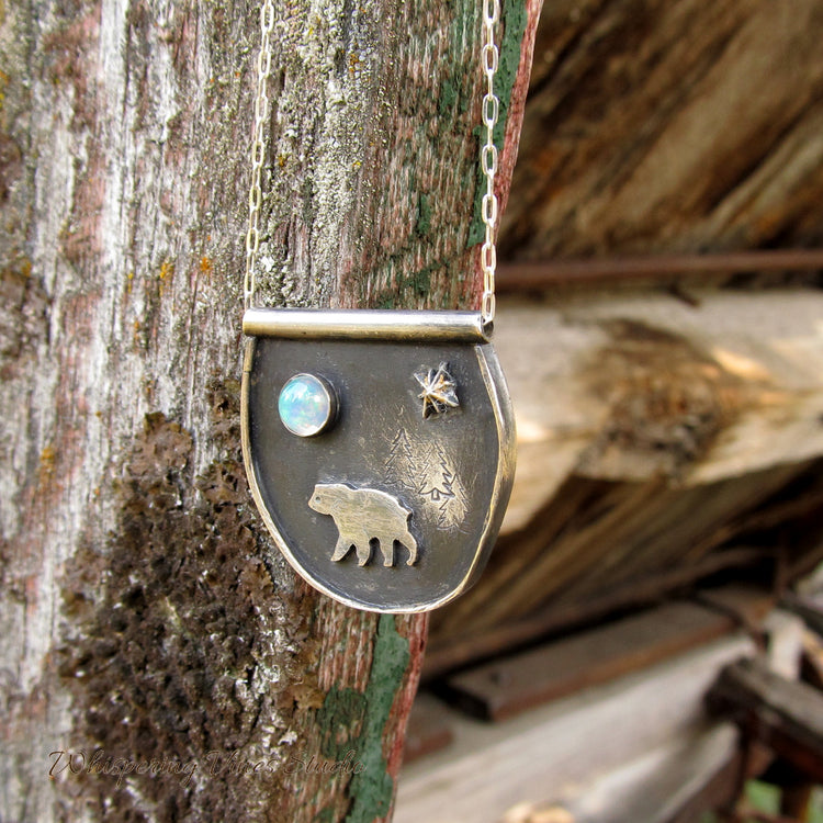 Handmade Sterling Silver Necklace with Bear Silhouette, Ethiopian Opal Moon and Gold Foiled Star Burst - 20 Inch Chain