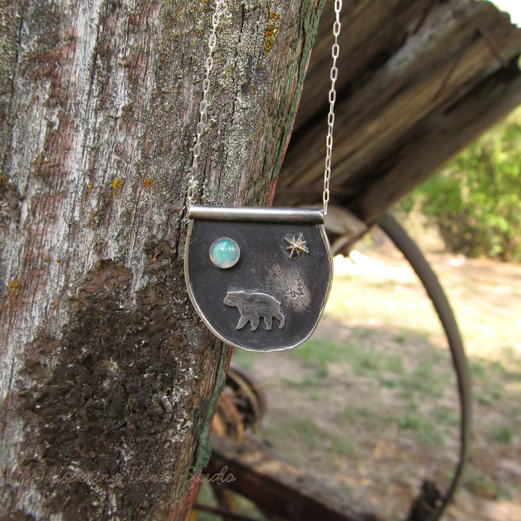 Handmade Sterling Silver Necklace with Bear Silhouette, Ethiopian Opal Moon and Gold Foiled Star Burst - 20 Inch Chain