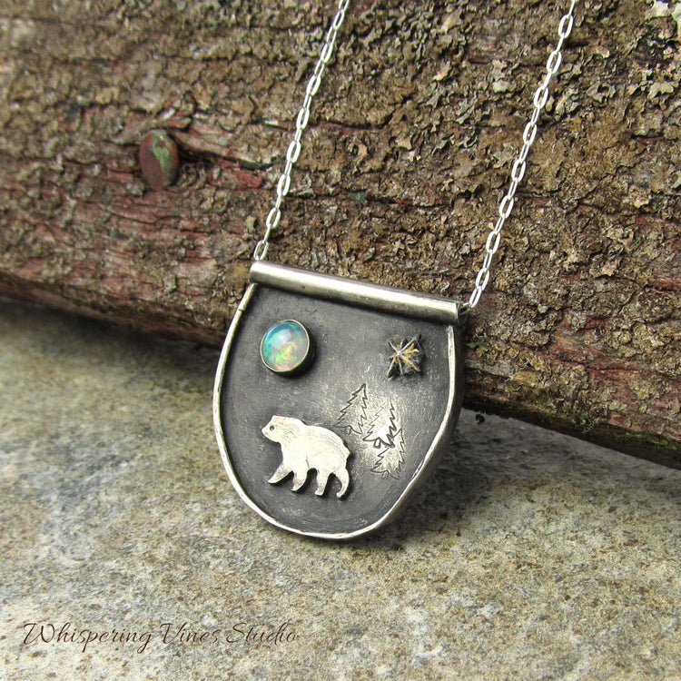 Handmade Sterling Silver Necklace with Bear Silhouette, Ethiopian Opal Moon and Gold Foiled Star Burst - 20 Inch Chain