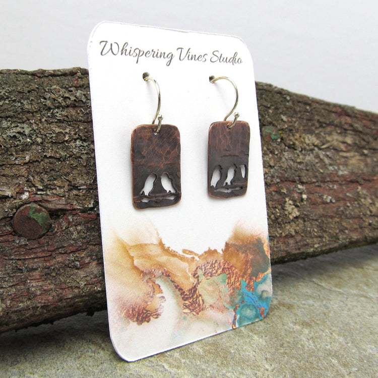 Handcrafted Bird on a Wire Earrings with Copper Patina Finish