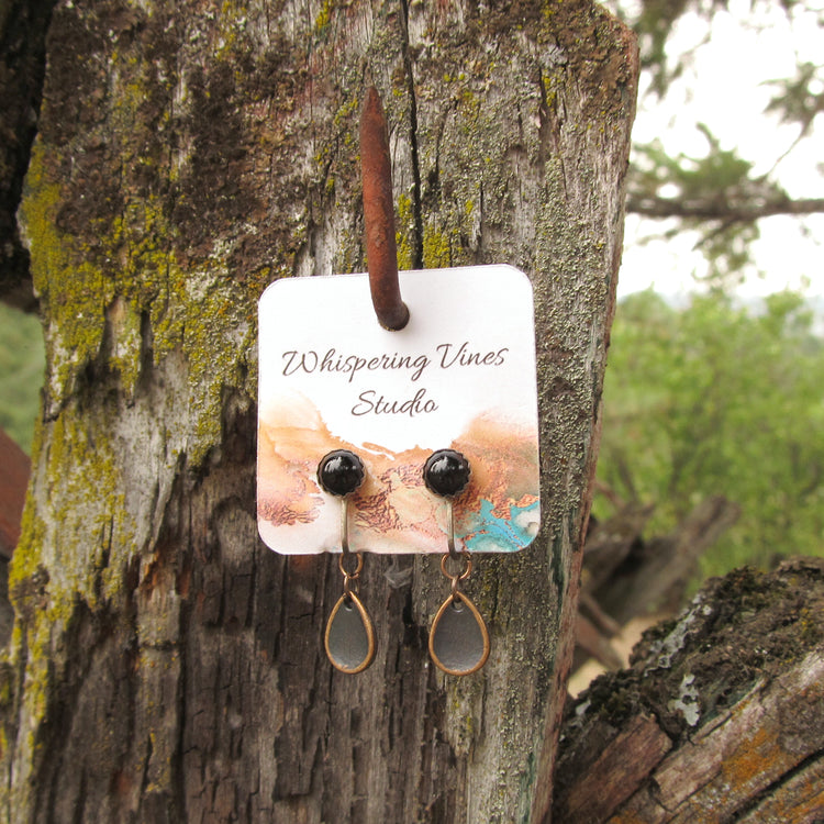 Handmade Sterling Silver Clip-On Earrings with Black Onyx Gemstones and Copper Leaf Dangle