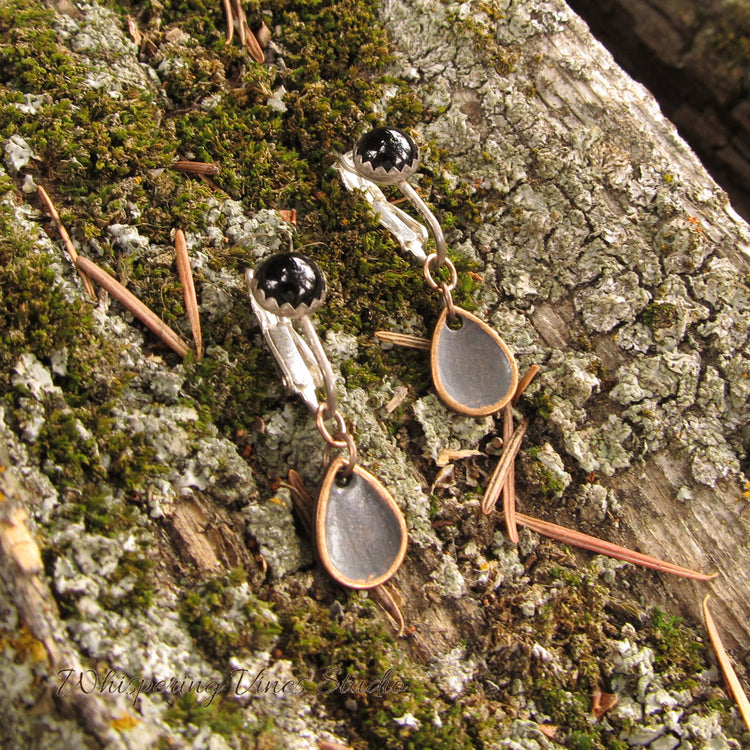 Handmade Sterling Silver Clip-On Earrings with Black Onyx Gemstones and Copper Leaf Dangle