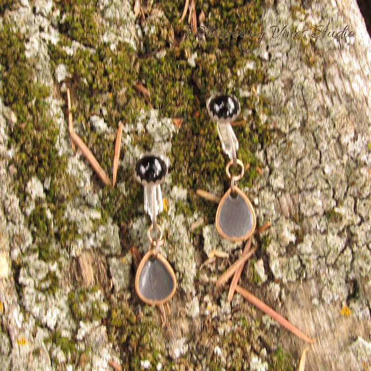 Handmade Sterling Silver Clip-On Earrings with Black Onyx Gemstones and Copper Leaf Dangle