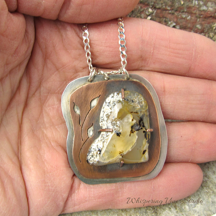 Montana Agate Necklace with Cut-out Copper Leaves, Handcrafted in Sterling Silver and Copper