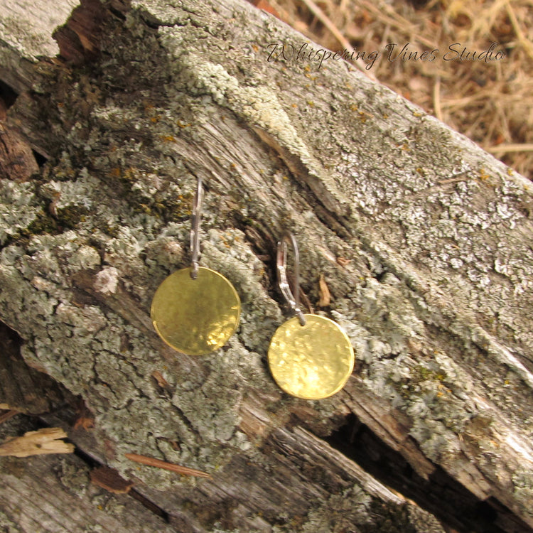 Handmade Brass Disc Earrings with Sterling Silver Leverback Ear Wires