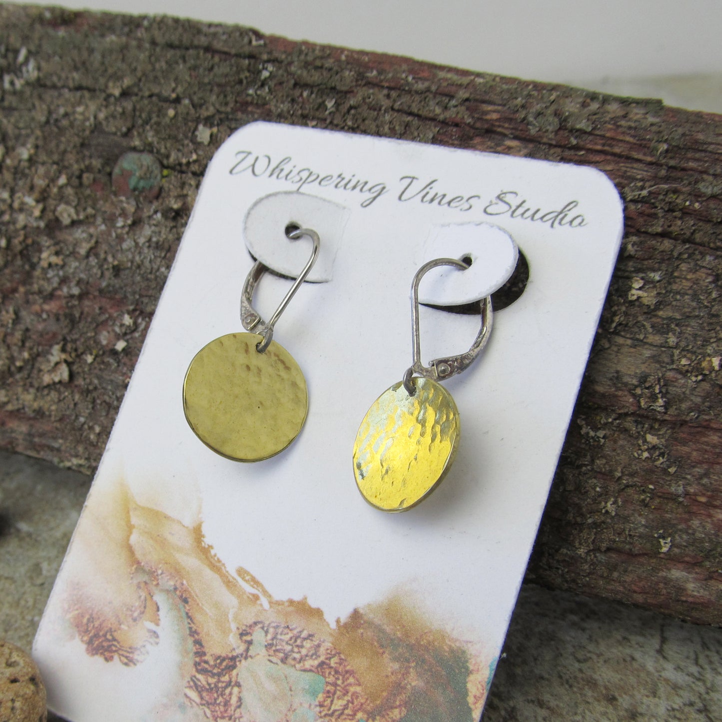 Handmade Brass Disc Earrings with Sterling Silver Leverback Ear Wires