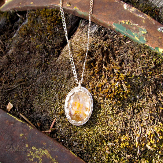 Handcrafted Cacoxenite Gemstone OOAK Pendant with Floral Sterling Bezel Setting and Sterling Silver 18'' Chain