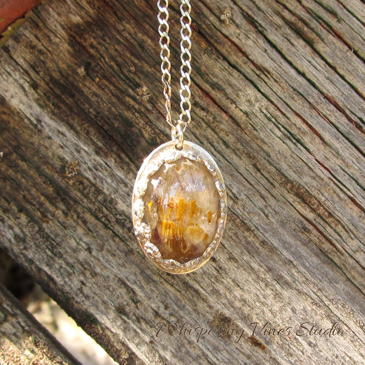 Handcrafted Cacoxenite Gemstone OOAK Pendant with Floral Sterling Bezel Setting and Sterling Silver 18'' Chain