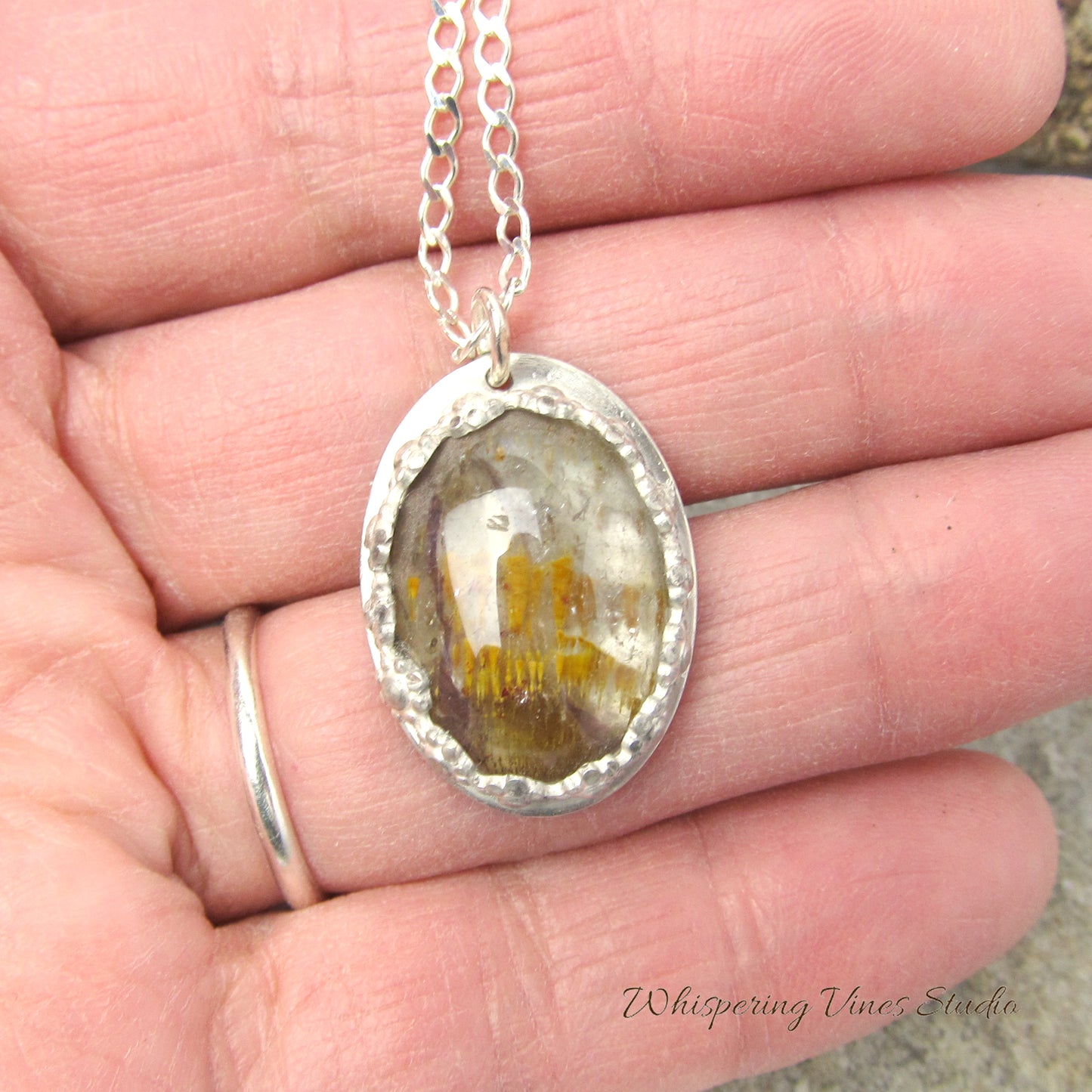 Handcrafted Cacoxenite Gemstone OOAK Pendant with Floral Sterling Bezel Setting and Sterling Silver 18'' Chain