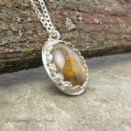 Handcrafted Cacoxenite Gemstone OOAK Pendant with Floral Sterling Bezel Setting and Sterling Silver 18'' Chain