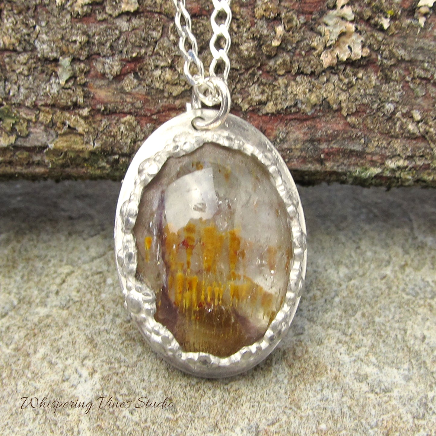Handcrafted Cacoxenite Gemstone OOAK Pendant with Floral Sterling Bezel Setting and Sterling Silver 18'' Chain