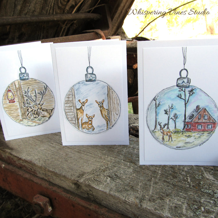 Christmas 2025 Nature-Themed 4x6 Notecards with Christmas Ball & Deer, Blank Inside, Original Watercolor Print