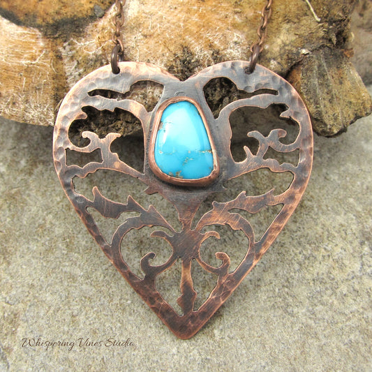 Handcrafted Heart Necklace with Turquoise Gemstone and 20" Coated Copper Chain