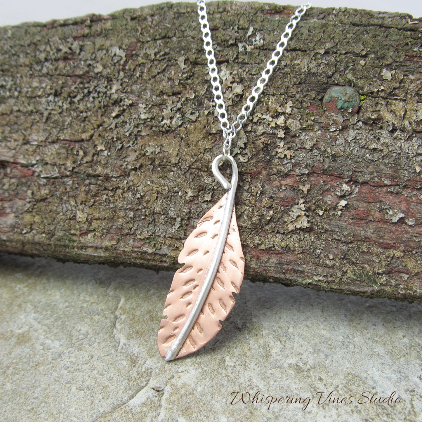 Chic Handcrafted Copper Feather Pendant with 18" Sterling Silver Chain