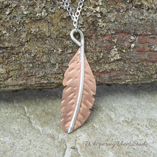 Chic Handcrafted Copper Feather Pendant with 18" Sterling Silver Chain