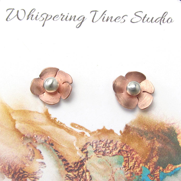 Dainty Handcrafted Copper Flower Stud Earrings with Sterling Silver Post
