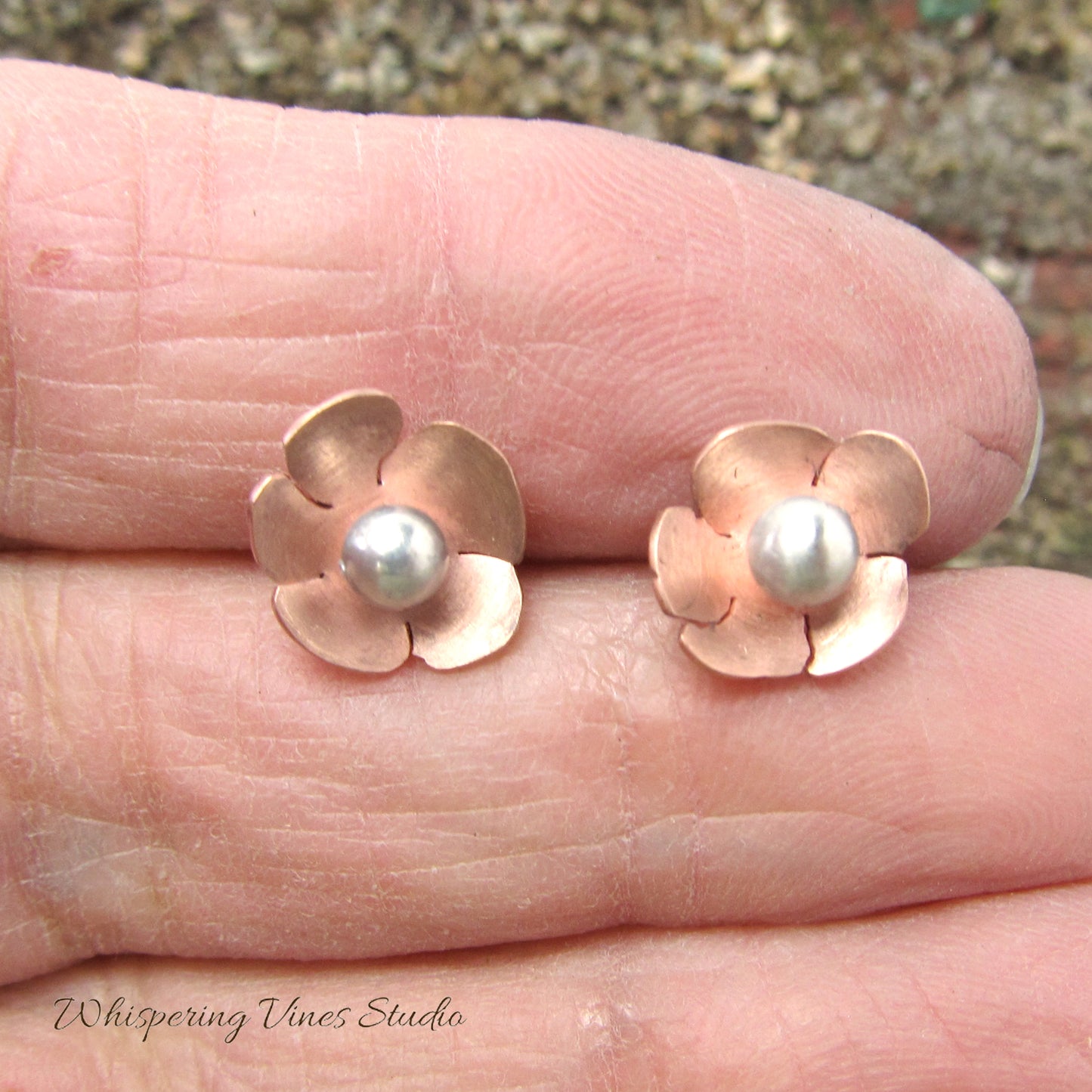 Dainty Handcrafted Copper Flower Stud Earrings with Sterling Silver Post