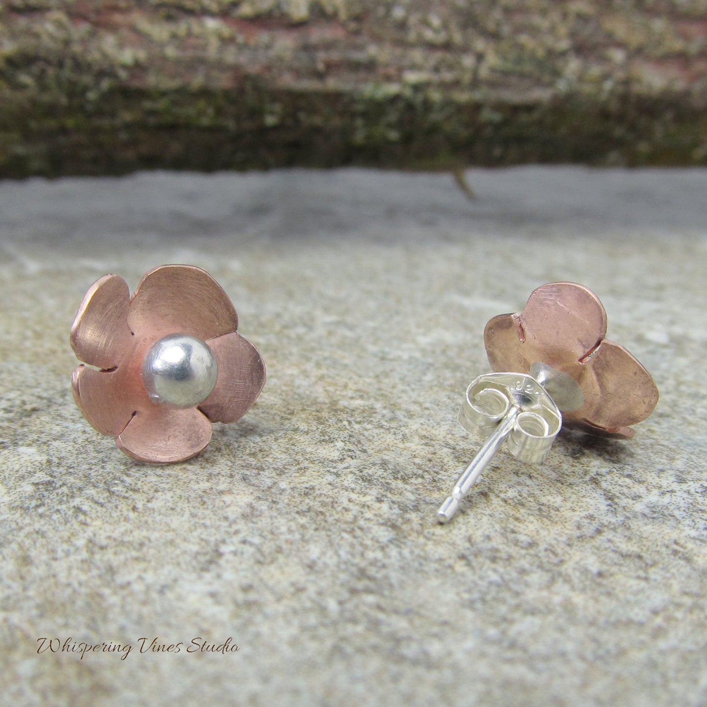 Dainty Handcrafted Copper Flower Stud Earrings with Sterling Silver Post
