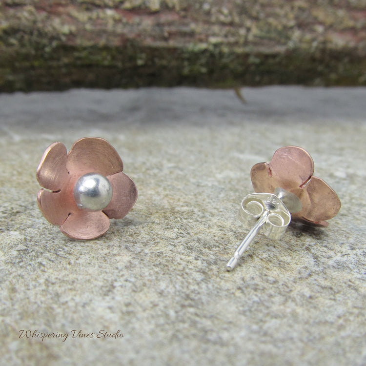 Dainty Handcrafted Copper Flower Stud Earrings with Sterling Silver Post
