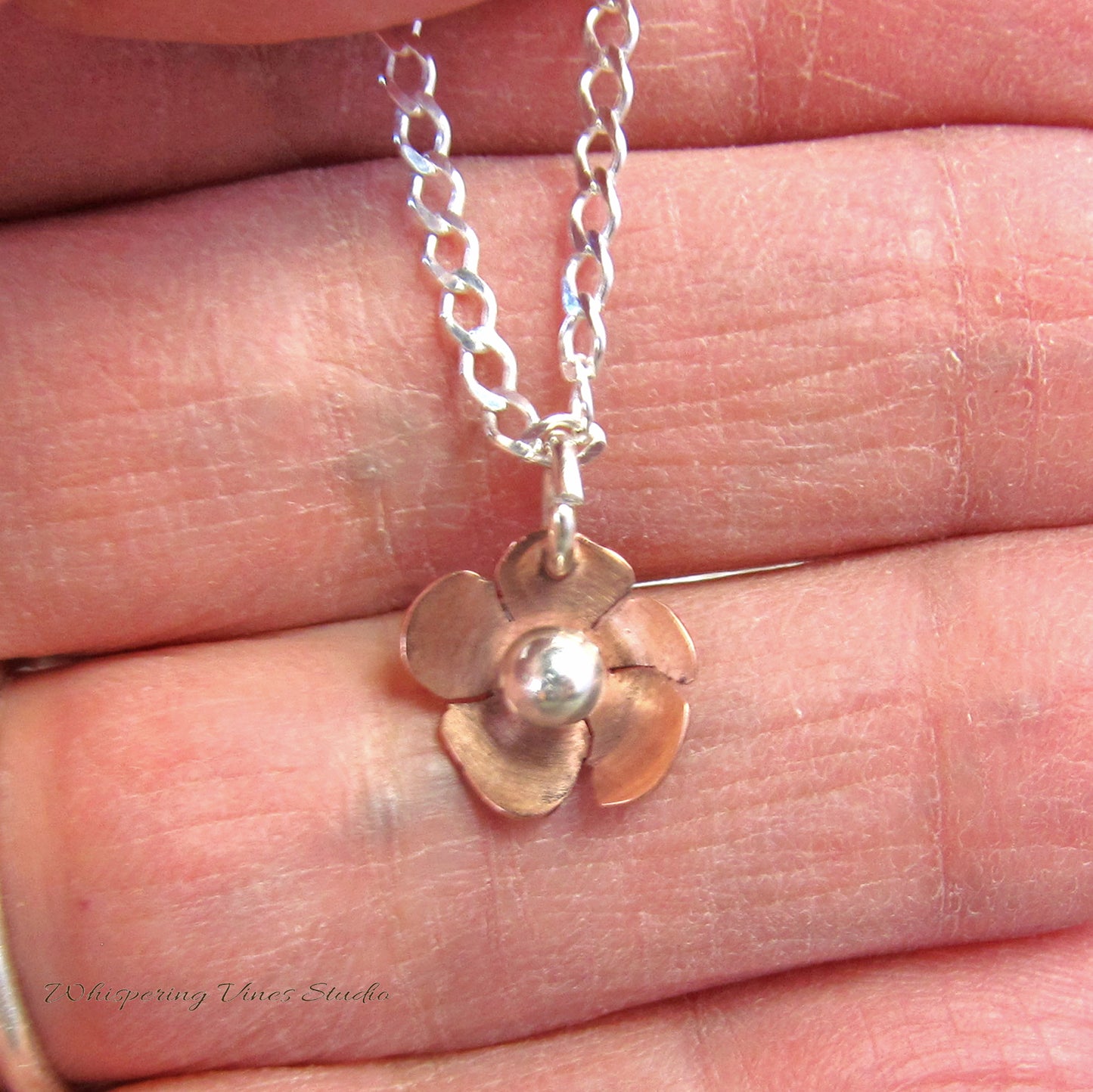 Dainty Handcrafted Copper & Sterling Silver Flower Necklace, Ideal for Bridesmaid Gift