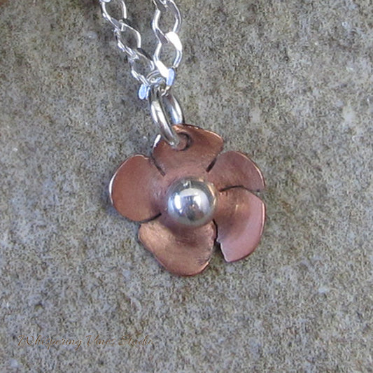 Dainty Handcrafted Copper & Sterling Silver Flower Necklace, Ideal for Bridesmaid Gift