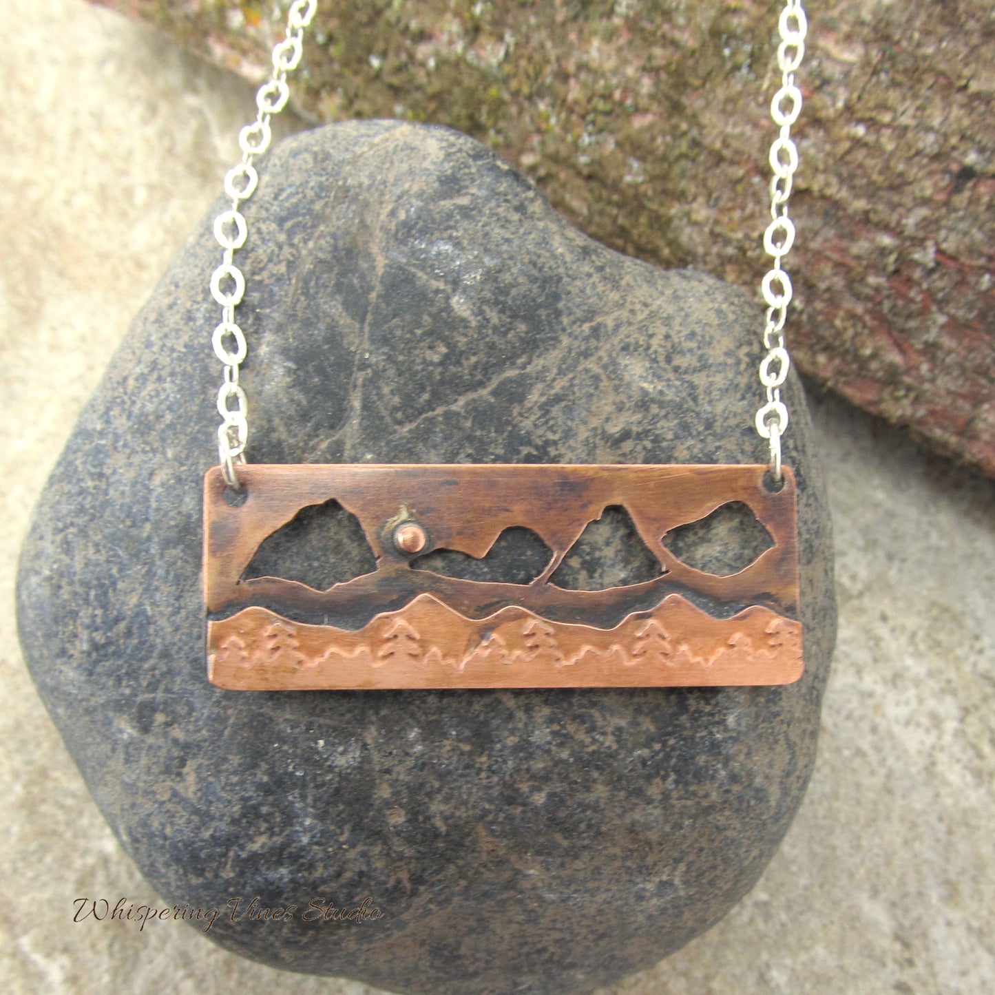 Enchanting Copper Mountain Cutout Bar Necklace with Sterling Silver Chain, One of a Kind