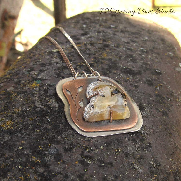 Montana Agate Necklace with Cut-out Copper Leaves, Handcrafted in Sterling Silver and Copper