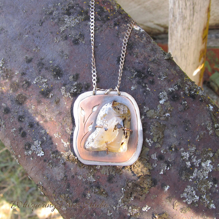 Montana Agate Necklace with Cut-out Copper Leaves, Handcrafted in Sterling Silver and Copper