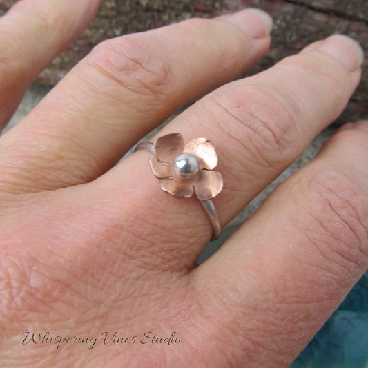 Dainty Handcrafted Montana Copper Flower Ring with Sterling Silver Center and Band