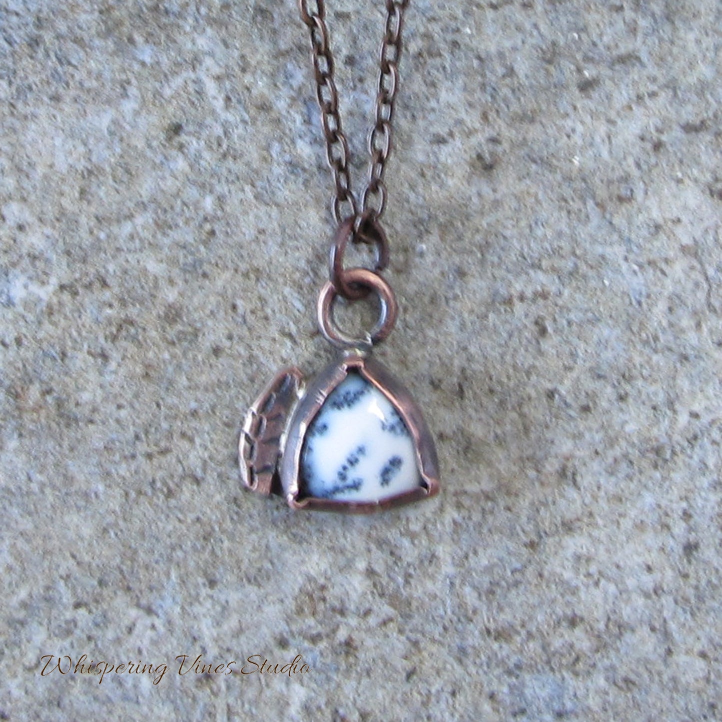 Dendritic Opal and Copper Necklace with Handcrafted Leaf Accent