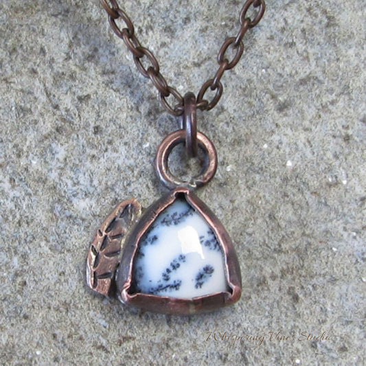Dendritic Opal and Copper Necklace with Handcrafted Leaf Accent