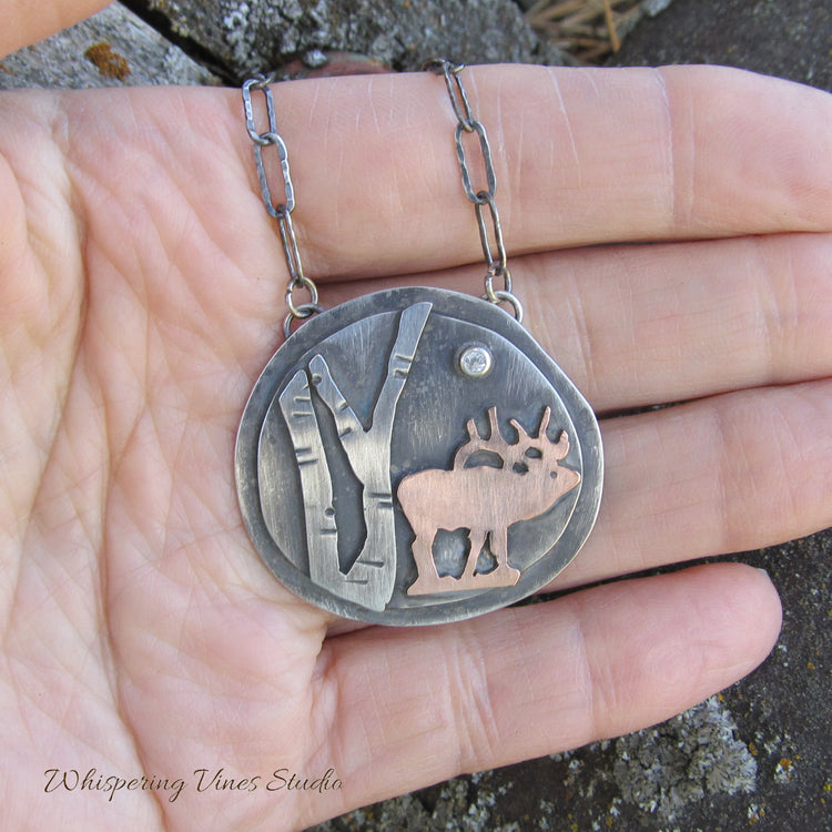 Sterling Silver Elk Pendant with Birch Tree Motif: An Exclusive, Handcrafted Nature Jewelry Piece