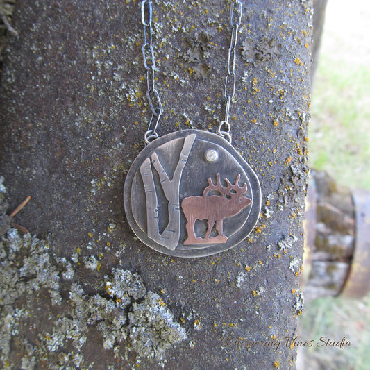 Sterling Silver Elk Pendant with Birch Tree Motif: An Exclusive, Handcrafted Nature Jewelry Piece